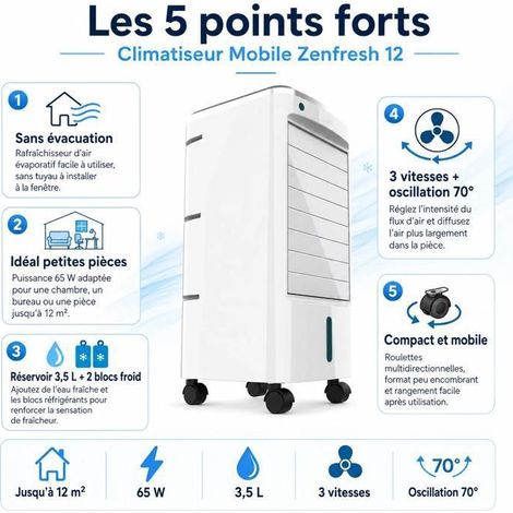 Climatiseur mobile sans évacuation Zenfresh 12 – 65 W – Réservoir 3,5 L – 3 vitesses – Oscillation 70° – Pour pièces jusqu’à 12 m² (1/5)