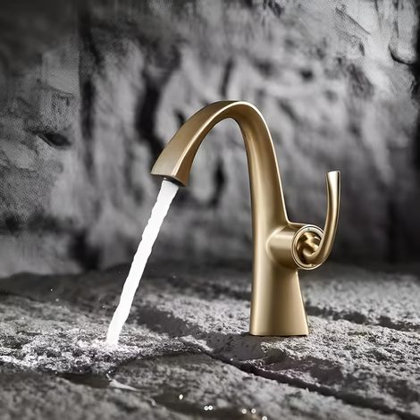 Mitigeur Lavabo en Laiton Massif Robinet de Salle de Bain Design Monocommande Cartouche Céramique Mousseur Économie d'Eau (Gold-Brossé)
