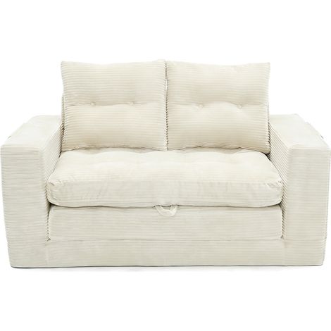 Canapé 2 places convertible beige avec accoudoirs larges et poches latérales (1/5)