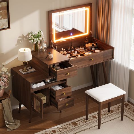 Coiffeuse 120 x 50 x 77,5 cm avec tabouret, miroir LED rabattable 3 couleurs, plateau extensible, poignées métal, noyer (1/5)