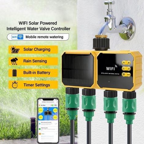 Arroseur intelligent solaire WiFi – Pilotage 4 vannes – Irrigation auto – Capteur pluie IPX6 – Programmateur jardin (1/5)