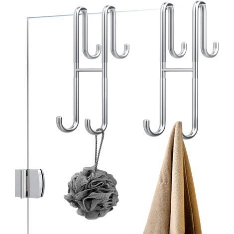 rochet de douche sans perçage, crochet pour paroi de douche avec protection en caoutchouc, support pour raclette de douche, serviettes pour salle de bain, sans cadre, acier inoxydable, argenté (1/5)