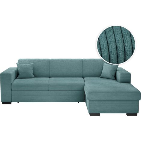 Loungitude – Canapé d'angle convertible FUJI XL avec coffre en velours côtelé – Angle droit – 5 places – Confort moelleux – Bleu clair (1/5)