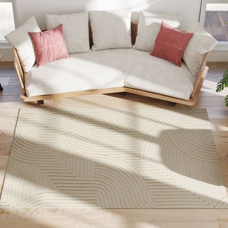 Tapis salon 200 x 140 cm, tapis à poils épais géométrique, moelleux et antidérapant, crème (1/5)