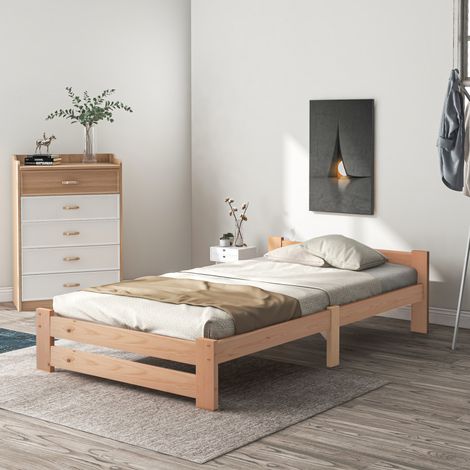Lit simple en bois massif de pin naturel 90x200 cm, sommier intégré (1/5)