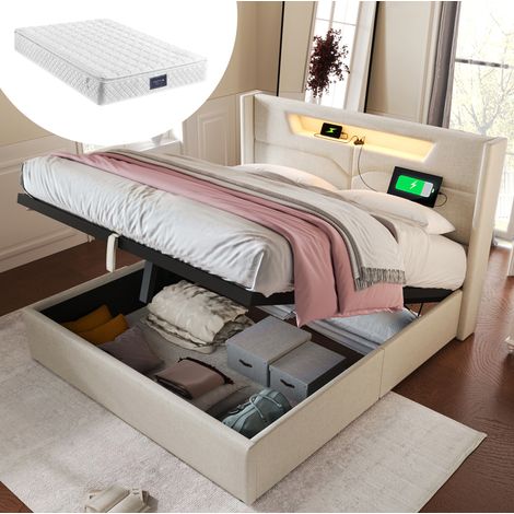 Lit coffre double en lin beige 140x200 cm avec LED, USB/Type-C, sommier à lattes et matelas inclus (1/5)