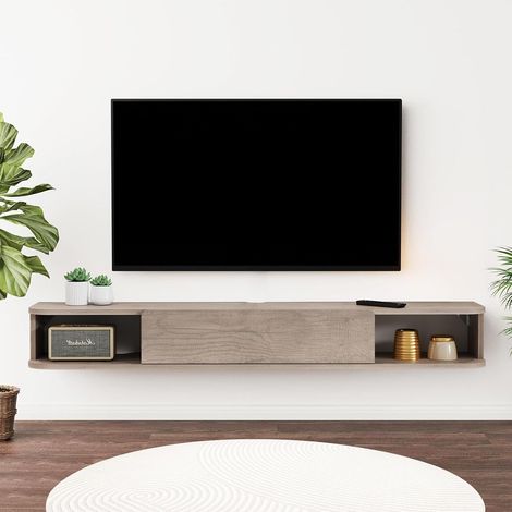 Étagère TV Flottante en Bois, Etagere Murale Meuble Suspendu Bois Etagere Support Mural Meubles Armoire with Doors de avec Rangement (1/5)