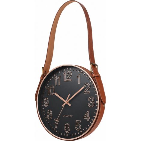 Horloge murale ronde 30 cm quartz silencieux ajourée fond noir et or rose avec lanière réf 1315 – Livraison gratuite