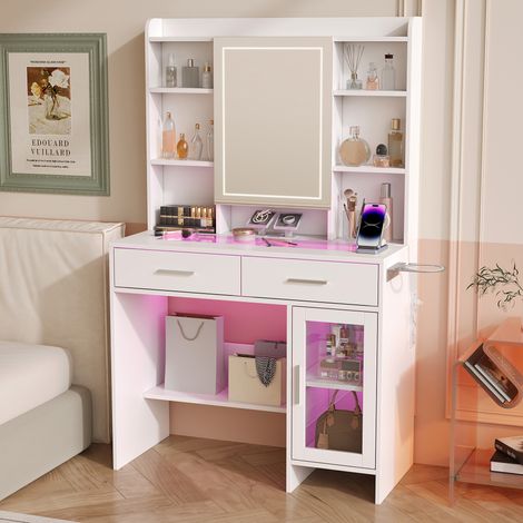 Coiffeuse avec Miroir LED RGB Réglable, Table de Maquillage Moderne avec 2 Tiroirs et Rangements, Prises de Courant et USB, Plateau en Verre Trempé, Blanc, 89.8x40x145 cm (1/5)