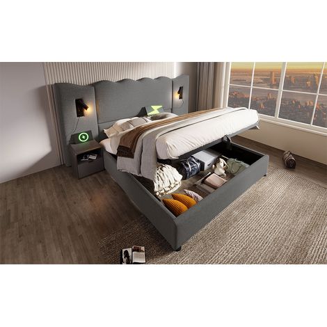 Lit double capitonné 160×200 avec lampe de lecture et fonction de charge USB Type-C, lit coffre avec cadre de lit à lattes en bois massif et métal, gris, lin (sans matelas) (1/5)