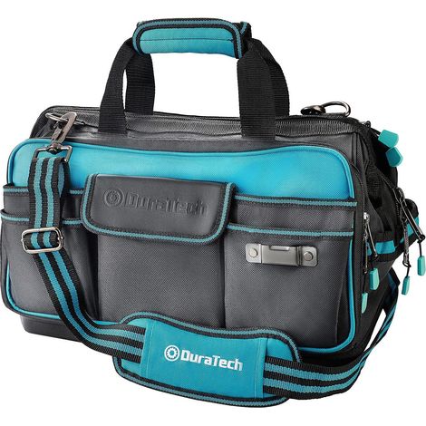 Sac à outils 43 cm – Tissu oxford 840D – 32 poches – Fond moulé étanche – Bandoulière réglable – Conception clip pour mètre ruban – Duratech