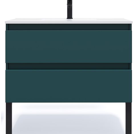 Meuble de salle de bain suspendu vasque intégrée 90cm 2 tiroirs Bleu - Hudson (1/5)