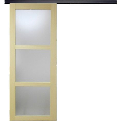 Puerta corredera de madera Ayous con cristal H204 x L93 cm, riel de aluminio con banda negra, Gd Menuiseries