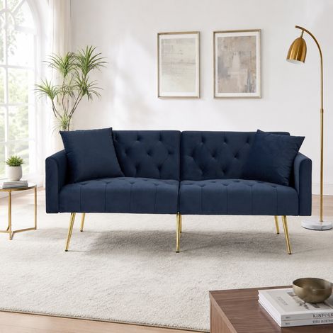 Canapé droit 2 places en velours bleu foncé – Canapé 2 places avec 2 coussins –Dossier réglable – Pieds métal –177×78×74 cm (1/5)