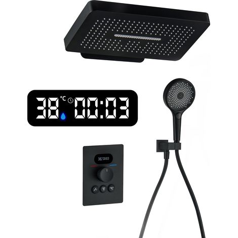 Colonne De Douche Noir,Système De Douche Avec Thermostat,Encastrable Ensemble De Douche,Affichage LED,Pommeau De Douche À Effet Pluie, Douchette À Main,3 Types De Jets,Cuivre (1/5)