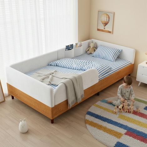 Lit capitonné une place, design velours et bois, avec 2 poches de rangement, lit capitonné moderne pour chambre d'enfant, bordure en mousse douce anti-choc, cadre de lit robuste, blanc, 90 x 200 cm