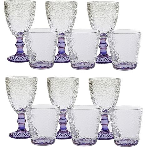 Set 12 Bicchieri 6 acqua 6 vino calici con piede in Vetro trasparente viola da tavola Eleganti Stile Raffinatezza in casa per Ogni Tavola e Occasione bar hotel ristorante