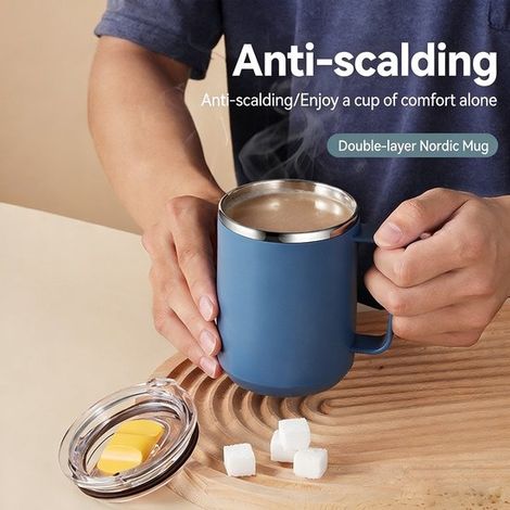 Taza térmica，Taza de café para llevar，Taza de viaje para café y té，Acero inoxidable，Taza a prueba de fugas con tapa e infusor de té，450 ml，Azul (1/4)