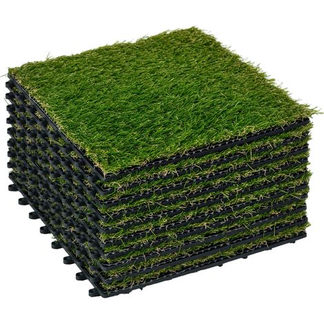 Set di 10 piastrelle di erba sintetica artificiale 30 x 30 cm, spessore comfort 3 cm, ad incastro, colore verde.