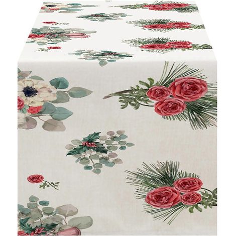 Chemin de table en lin blanc imprimé à motifs floraux, oiseaux et feuilles vertes, 30 x 120 cm (1/5)