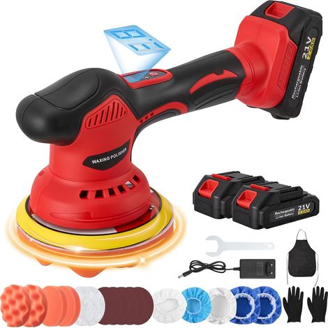 Cordless Car Polisher, 21V Car Polisher with 2 Batteries, 8 Variable Speeds 2800-5500 RPM, Orbital Polishing Kit for Car Detailing, Polishing, Waxing (1/5)