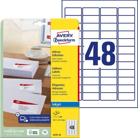 Avery-Zweckform J4791-25 Etiquette pour adresse 45.7 x 21.2 mm papier blanc 1200 pc(s) fixation permanente imprimante à