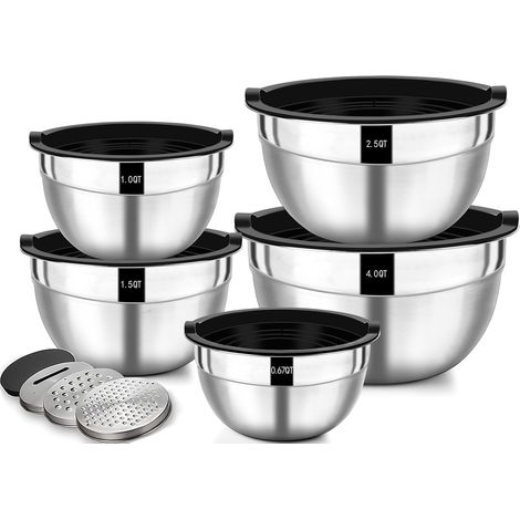 Rührschüssel 5er Set, Edelstahl Schüssel Salatschüssel Set mit Luftdichtem Deckel & 3 Reibenaufsätzen, 4.5L,2.7L, 1.6L, 1.1L, 0.7L Rutschfester Silikonboden & Spülmaschinenfest, Schwarz (1/5)