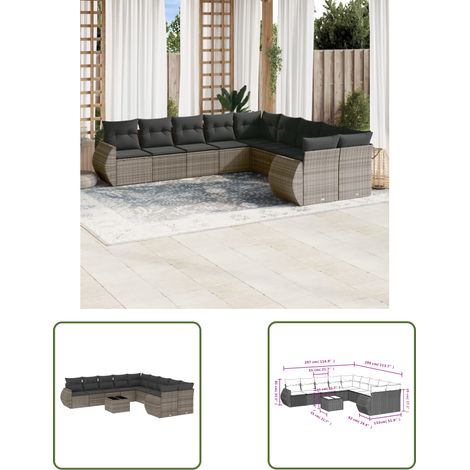 The Living Store 11-tlg. Garten-Sofagarnitur mit Kissen Grau Poly Rattan - Gartenmöbel Set - Outdoor Möbel - Lounge Garnitur - Rattan Gartenset - Esstisch Set (1/3)
