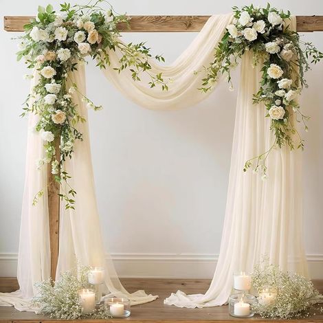 Lot de 2 Rideaux 75 800cm Mariage Arche Tenture, Mariage Decor pour Arche de Mriage de pour Décoration Toile de Fond Rideau de Gaze de Fenêtre Voile Draperie Transparent Tulle (Ivoire) (1/5)