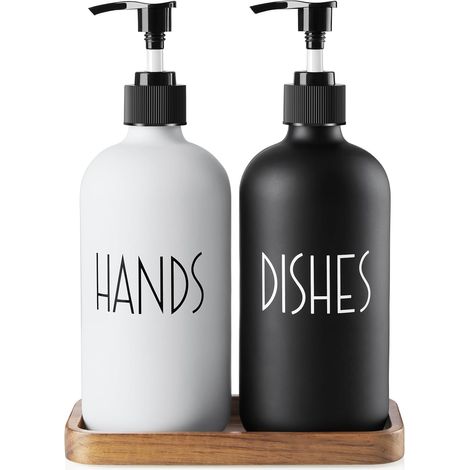 Distributeur De Savon - Bouteille En Verre 450 Ml Avec Pompe Et Plateau En Bois D Acacia - Cuisine Salle De Bain - Lot De 1 (1/5)