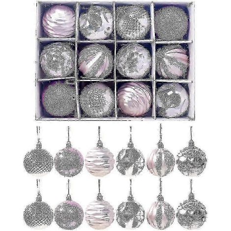 Boules de Noël 2025, lot de 12 boules en plastique de 6 cm avec crochet, décorations pour sapin de Noël (rouge, rose, bleu) (1/4)