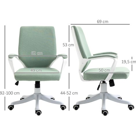Chaise de bureau ergonomique fonction basculante rembourrée, roulettes pivotantes 360°, polyester résistant, pour bureau télétravail, 62x69x92-100 cm, vert (1/5)