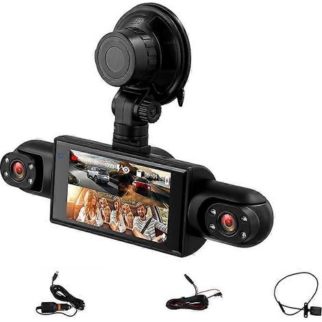 Grabadora de vídeo para coche de 4 lentes, 360 grados, 1080p, para salpicadero, frontal, derecha e izquierda, con cámara de visión trasera opcional. (1/5)