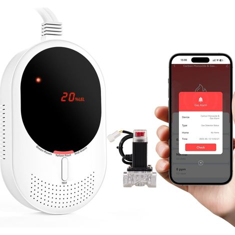 WiFi Détecteur de Gaz et Monoxyde de Carbone avec Vanne Magnétique, Certifié EN50291 et EN50194, Compatible Alexa/Google Home App, Détecteur de Méthane et CO pour Cuisine, Chaufferie, Garage (1/5)