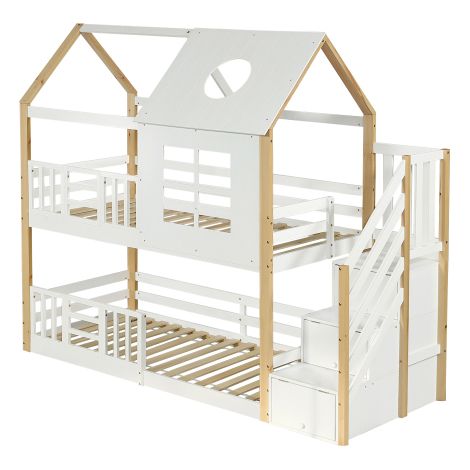 Lit superposé cabane 90x200 avec escalier rangement blanc