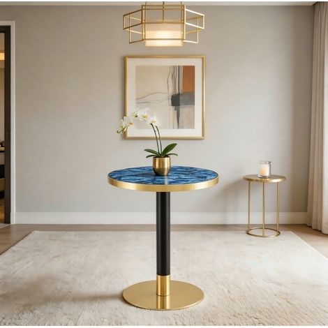 Mesa de centro redonda 60 cm mármol azul, MDF y metal, borde dorado HAVRYA (1/5)