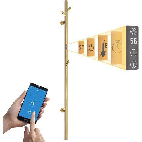 Sèche-Serviette Électrique Or, 30 W Chauffe-Serviettes 1525×65mm WiFi Intelligent Porte-Serviettes Chauffant Électrique Mural Commande Tactile à LED Radiateur de Salle de Bain avec 3 Patère (1/5)