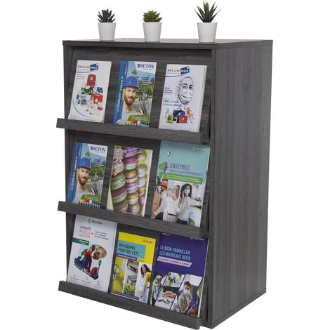 Meuble, Bibliothèque, Étagère de Rangement, 3 Portes rabattables, Design, Solide, Moderne, Multi-Usage, Bureau, Chambre, Salon - Flap Rack CHR-3 - Chêne Gris (1/5)