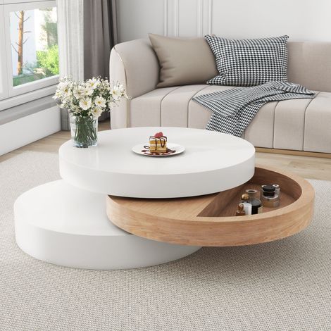 DESMIU Table basse Ronde Pivotante avec espace ouvert et rangement caché pour salon, en MDF, blanc et naturel, 60 × 60 × 35,1 cm (1/5)
