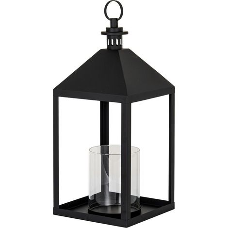 Astra Large Lantern with Glass Candle Holder - L25 x W25 x H61 cm - Black
