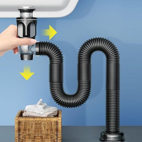 Ensemble de drain de lavabo de salle de bain, flexible et extensible, pour trous de drainage de 3 à 3.2cm avec anti-obstruction intégré.
