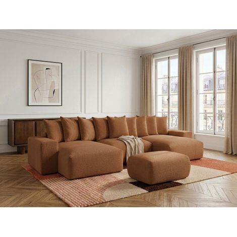 BOBOCHIC - Canapé panoramique convertible coffre VOLTAIRE tissu chiné avec pouf   Orange (1/5)