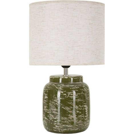 Lampada da tavolo in ceramica verde con paralume in tessuto (1/5)
