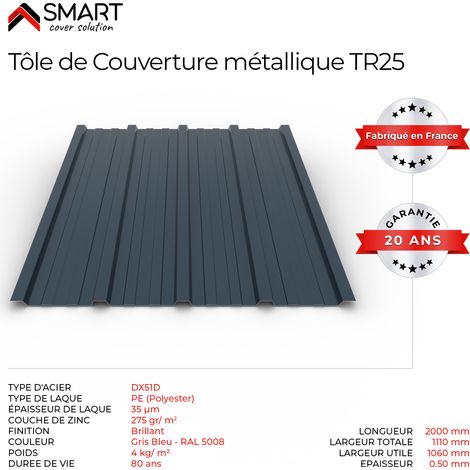 Tôle bac acier - Toiture - Couverture - plaque TR25 Coloris Gris Bleu RAL 5008 Dimensions 2000x1110x0.50mm (1/5)
