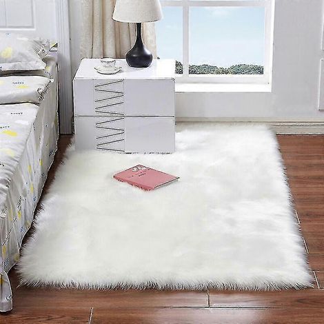 Tapis long et ultra doux et moelleux, de forme rectangulaire, en fausse laine de mouton, pour salon, chambre, balcon, tapis de sol, modèle : blanc 300 x 300 mm - (1/5)