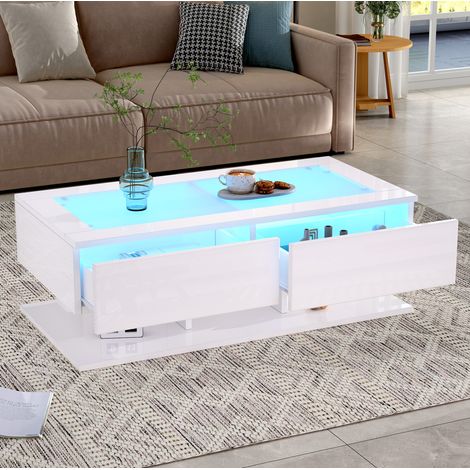 Table basse LED 100 x 50 x 35 cm avec 2 tiroirs, plateau en verre trempé, blanc HAVRYA (1/5)