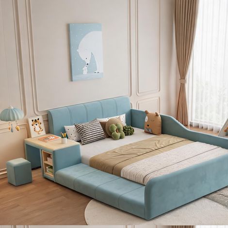 Cadre de lit coloris bleu Neutral en velours 212 x 175 x 69 cm (1/5)