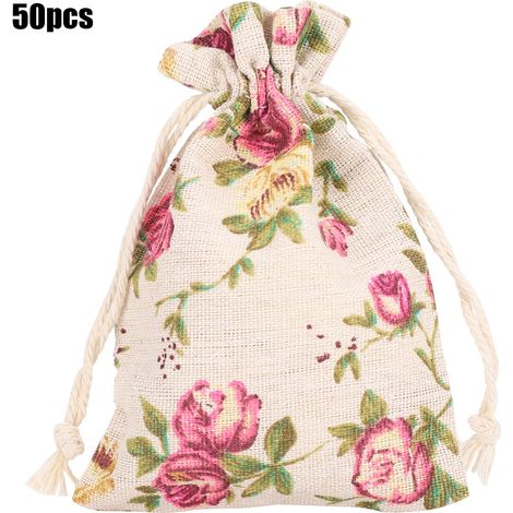 50 sacs en toile de jute à cordon, motif floral, pour emballer des bijoux, articles de fête (Noël, mariage, etc.)