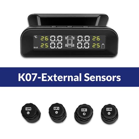 (K07-Externe) Capteurs de pression des pneus pour véhicule, système de surveillance et d'alarme de pression des pneus, affichage et alerte de température intelligente, recharge solaire en 4 secondes (1/5)