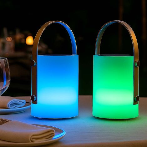Lampada solare a LED lampada da tavolo dimmerabile con telecomando luce da esterno lampada da tavolo ricaricabile, cavo USB, cambio colore RGB, bianco beige, bianco caldo, DxH 11,5 x 24 cm, set di 2
